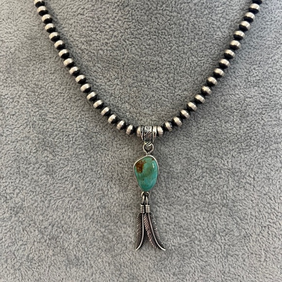 ❤️ Kingman Turquoise Navajo Southwestern Feather Sterling Pendant 5.6gm 2.34”L - Picture 5 of 15